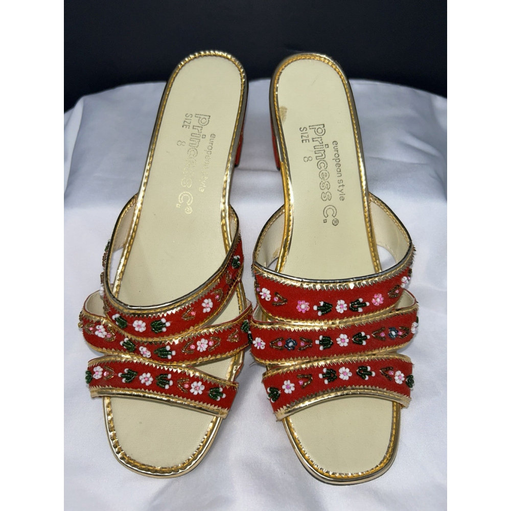 Vtg Princess C. European Style Chinese Velveteen Handmade Shoes Slides Heels 8 - Picture 2 of 12